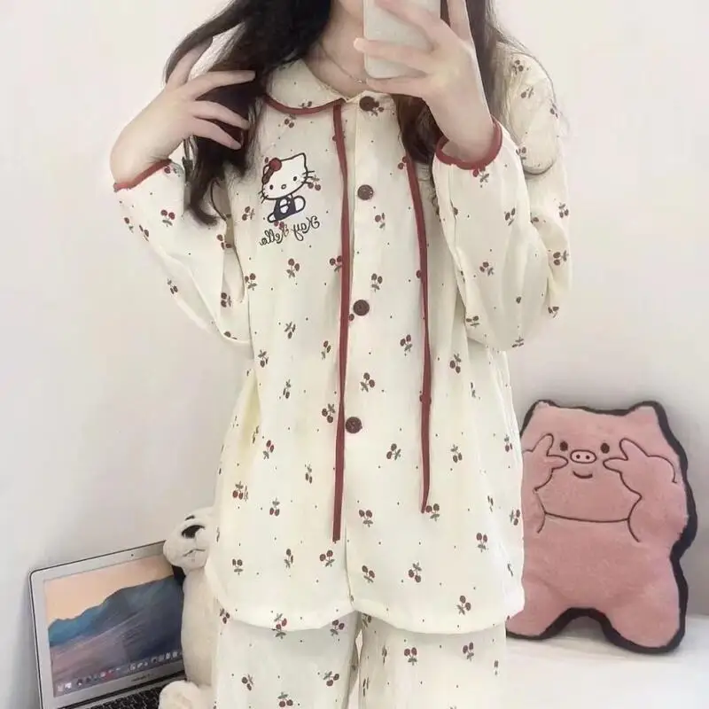 

Sanrio Hello Kitty Princess Sleepwear Set Kawaii Cartoon Spring Pajama Long Sleeve Pant Nightwear Women Home Clothes New Arrival