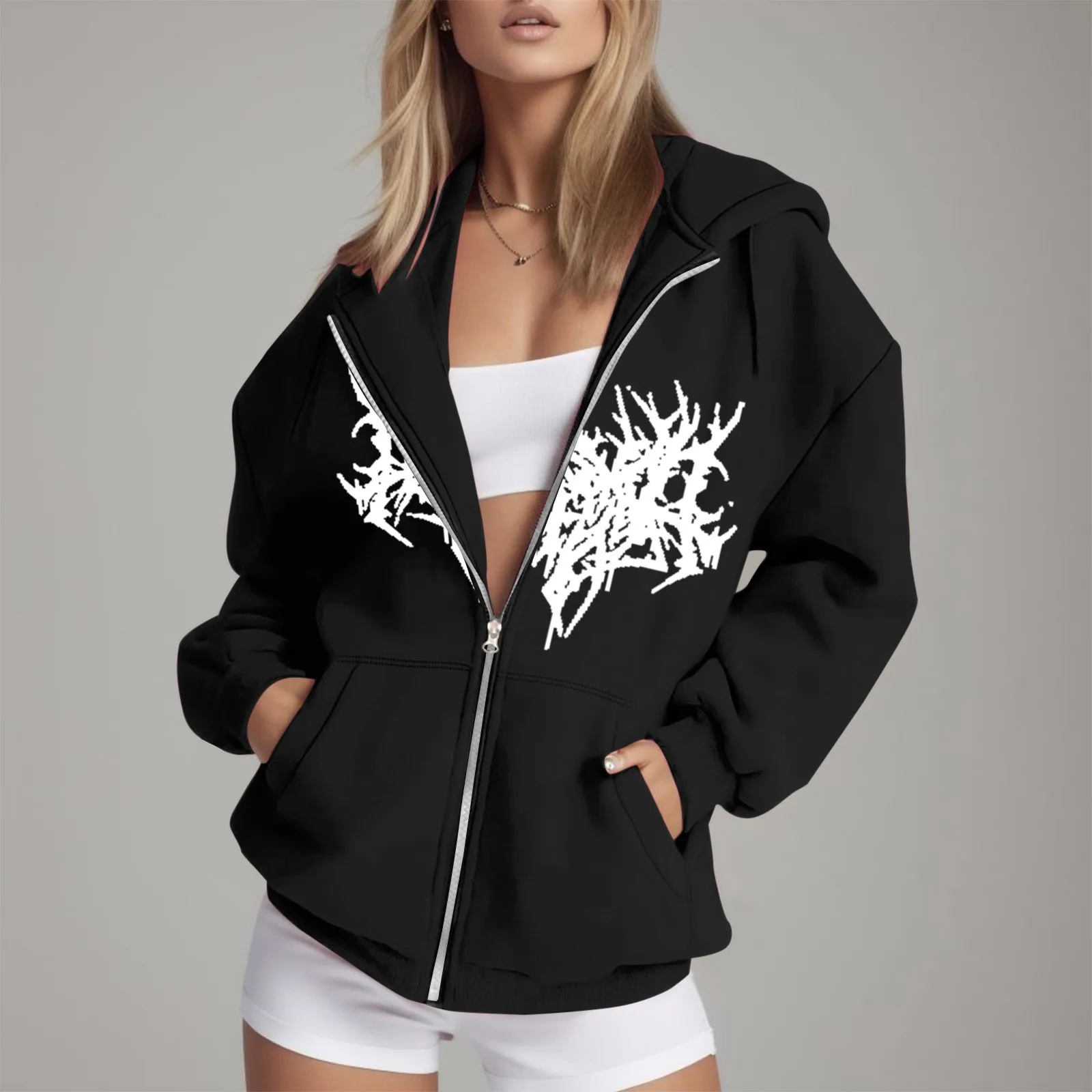 

Women's Y2K Hoodie Teen Girl 2023 Fall Casual Oversized Sweatshirts Punk Gothic Streetwear Zip Up Drawstring Hoodies with Pocket