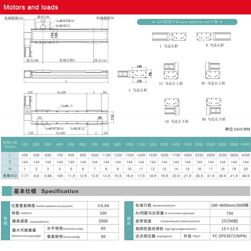 STM136 Linear Module With 2m/s Heavy Load 30-60kg Linear Actuator For Stroke 100~4000mm Belt Drive Module