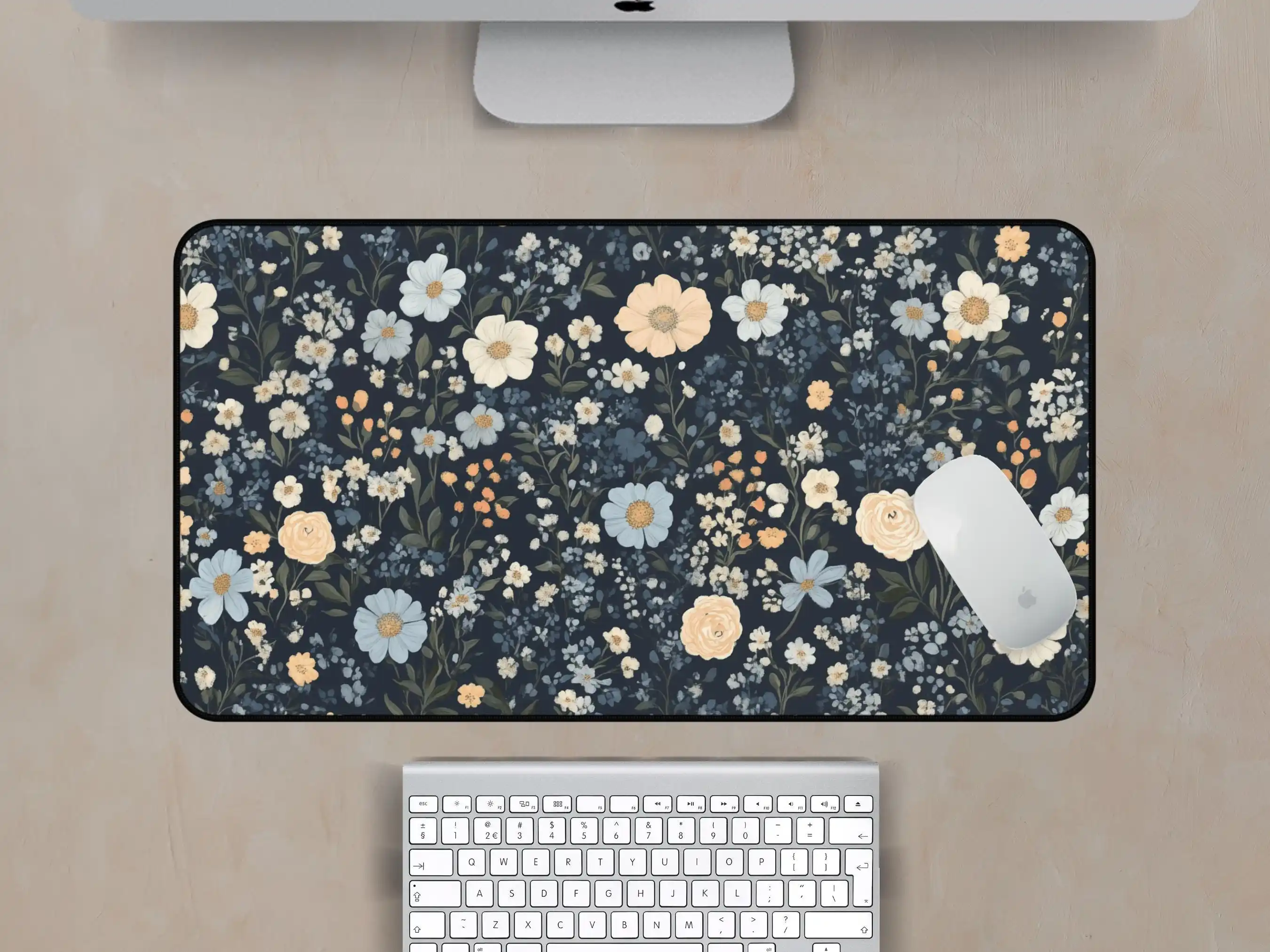 Napperon floral bleu foncé, tapis de souris floral, tapis de bureau floral végétal, tapis de décoration de bureau de jeu, un cadeau parfait pour les amis.