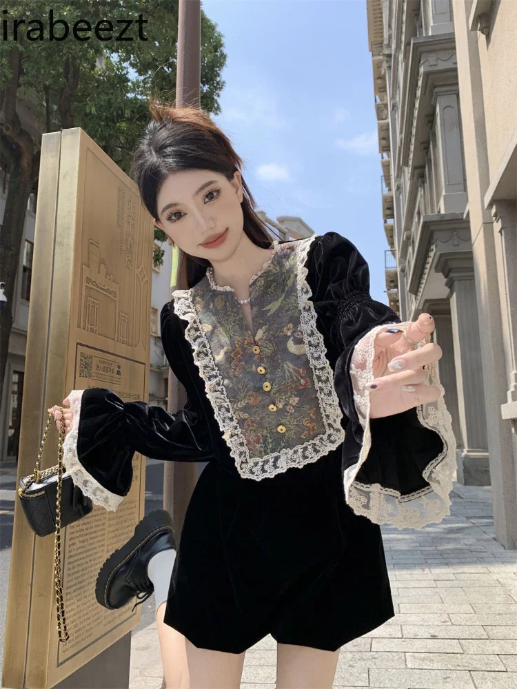 French Court Style Suit Lace Edge Stitching Velvet Top Women 2024 Spring Autumn Wide Leg Shorts Two Pieces Sets