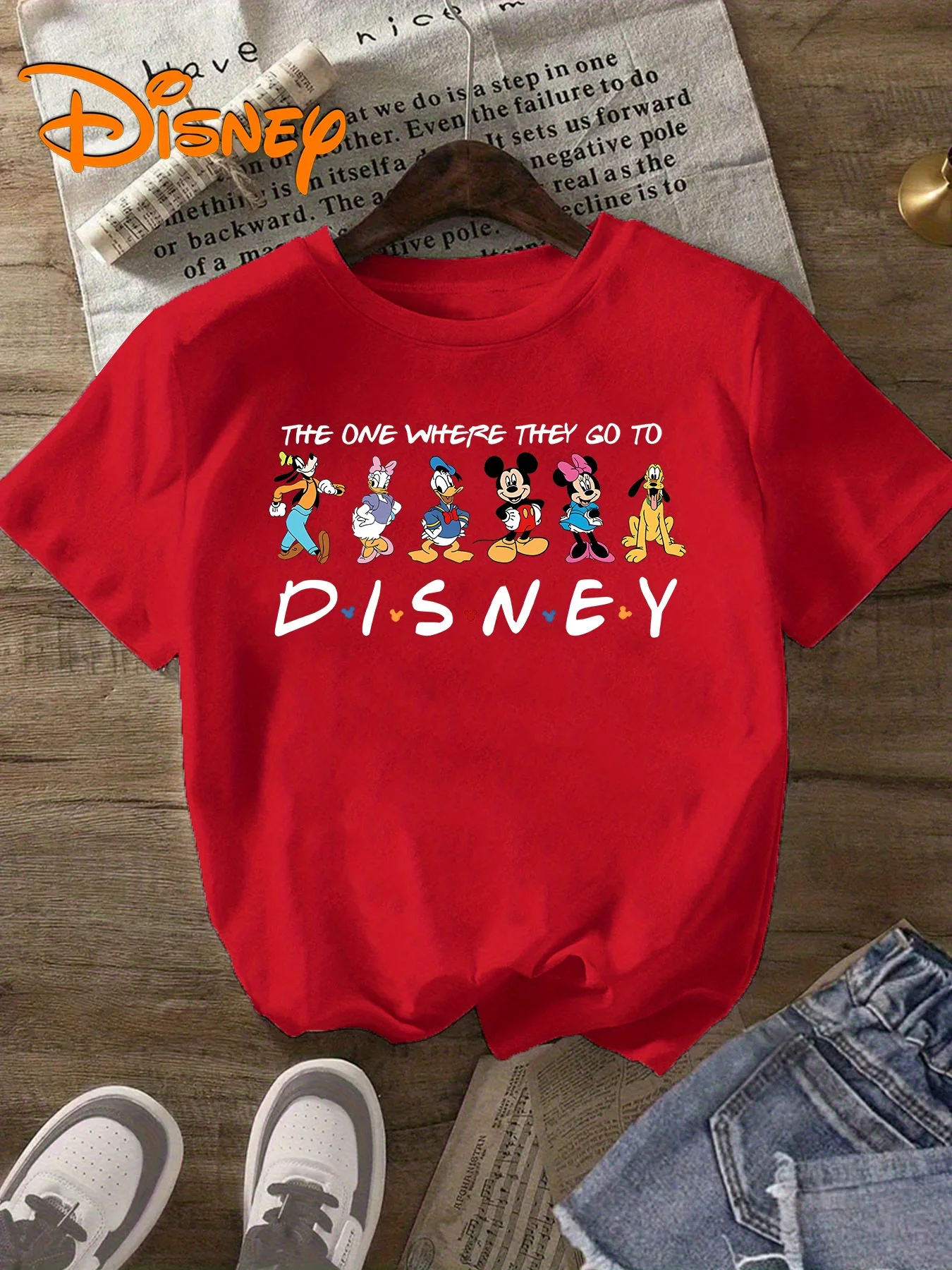 

Disney Pattern T-shirt - Pink casual short sleeved round neck T-shirt with Mickey, Minnie, and Donald Duck printed on it