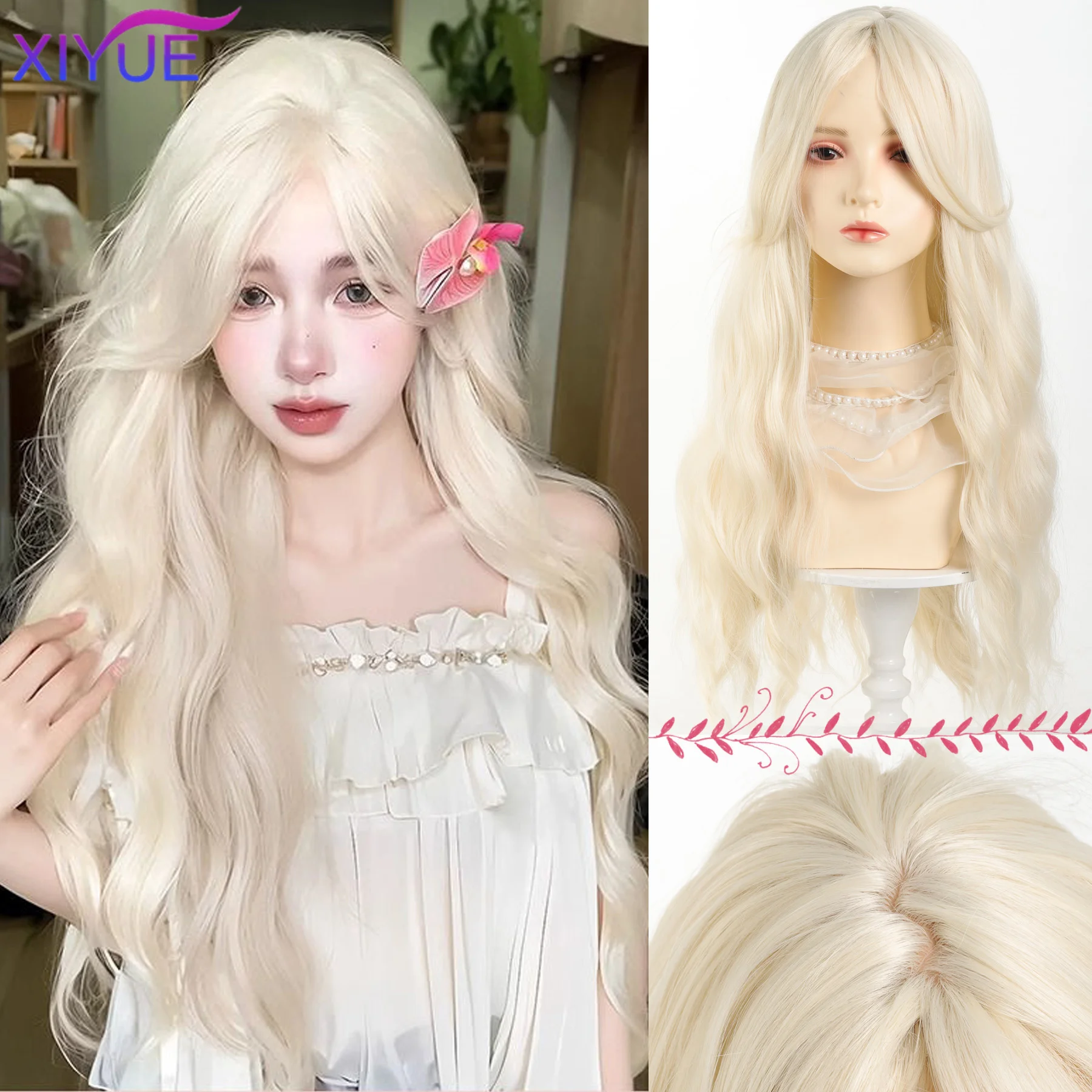 

XIYUE 26 Inch Synthetic Water Curly Wave Wigs Air Bangs Hair PLATINUM Heat-Resistant Natural And Smoot Daily Wear For Women