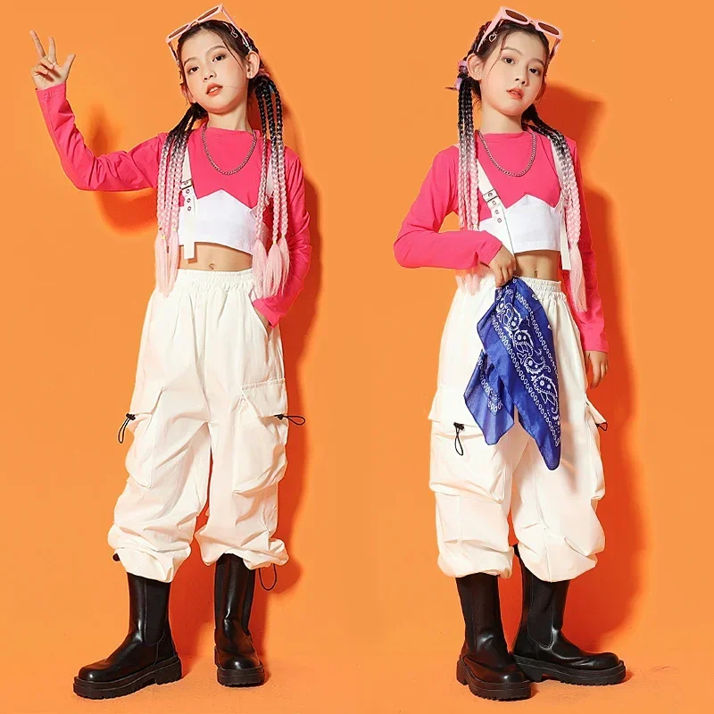 Kids Stage Kpop Outfit Groen Roze Top Cargo Broek Voor Meisjes Hip Hop Kleding Groep Jazz Kostuums Straat Rave Kleding SL7339