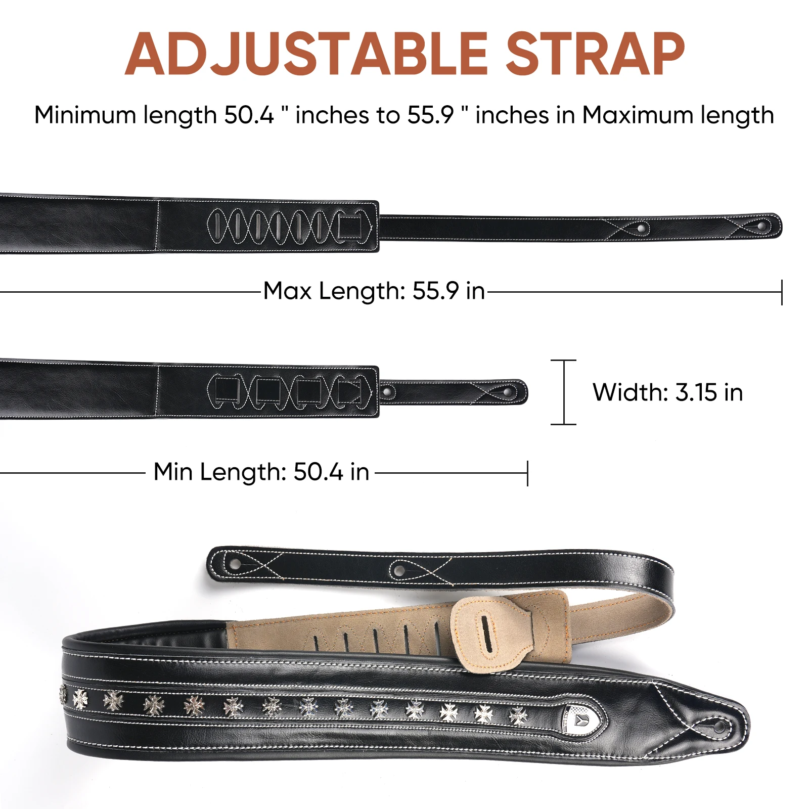 YUEKO Metal Rock Front Leather Material 32NDD Series Soft and Durable Acoustic Guitar Strap with Metal Rivet Personality Widen