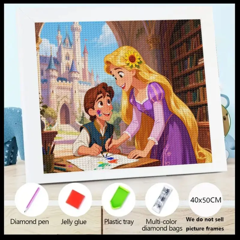 

1PC 5D DIY Diamond Painting Kit, Princess Rapunzel & Prince Flynn Inspired Castle Scene, Full Drill Round Crystal Rhinestone Mos