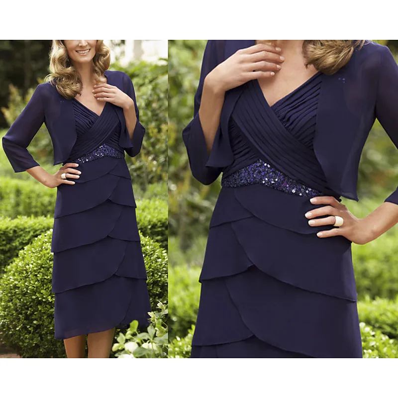 Customized Mother of the Bride Dress in Navy Chiffon Knee Length Layered Skirt Sequin Waistband 3/4 Sleeve Jacket Wedding Guest