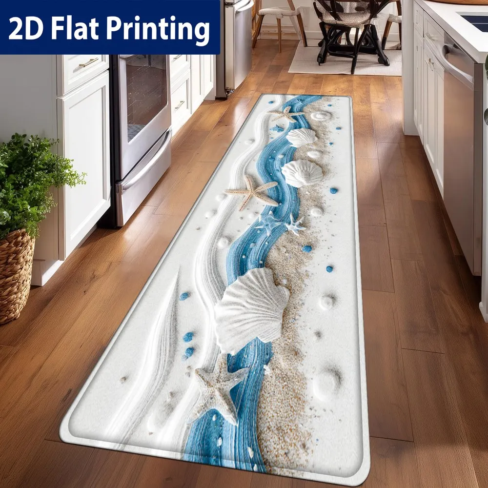 1pc Blue‑White Wave, Shell & Starfish Printed Long Runner Rug, Home Decor Floor Mat for Bathroom, Entryway, Bedroom, Kitchen