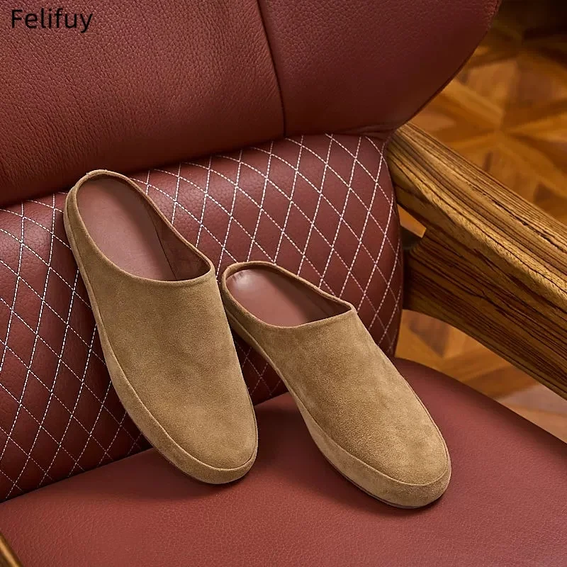 New Men's Slippers New Retro Solid Color Flat Bottom Men's Slingback Shoes Closed Toe Round Toe Cow Suede Real Leather Sandals