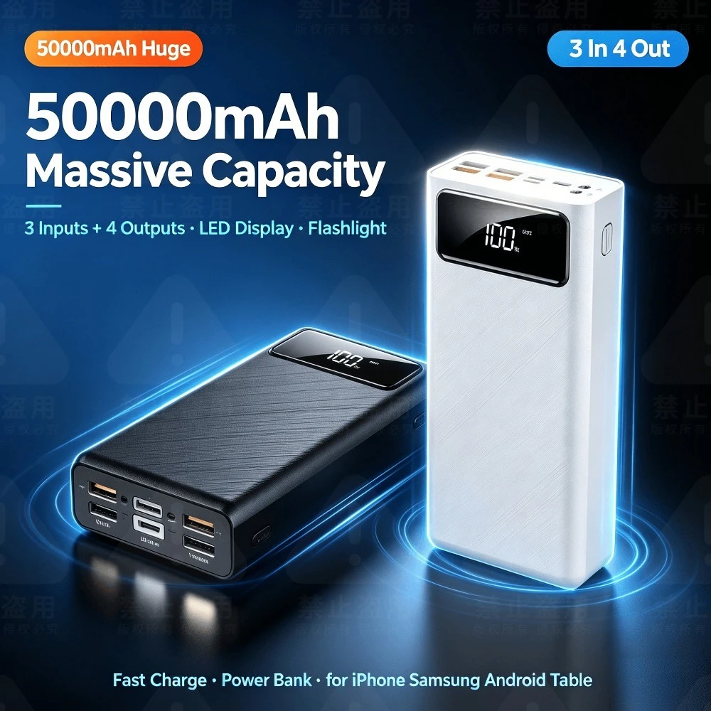 50000mAh Power BankMassive Capacity 3Outputs LED Digital Display Built-in Flashlight Portable Charger for iPhone Samsung Android