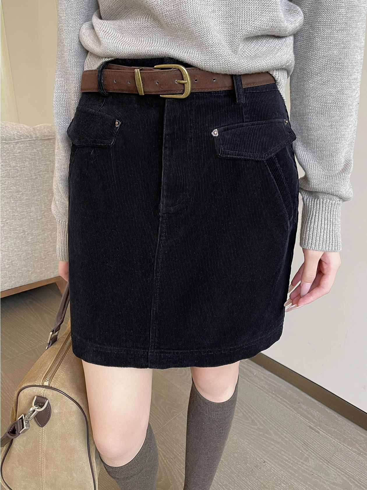 

Черная вельветовая юбка А-силуэта с высокой талией для женщин, зимняя, повседневная, без молнии, универсальная