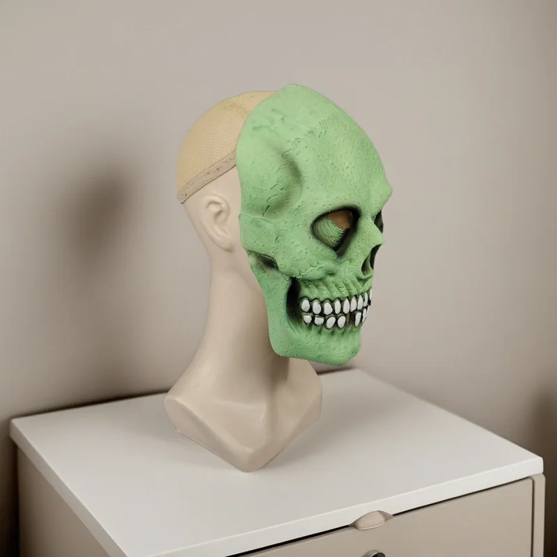 Maska Szkieletu z Strasznym Wyrazem Twarzy dla Dorosłych, Demon, Zły Zombie, Świecąca w Ciemności, Kostium Ducha, Straszny Rekwizyt na Halloween, Zielona Maska Czaszki Mężczyzny