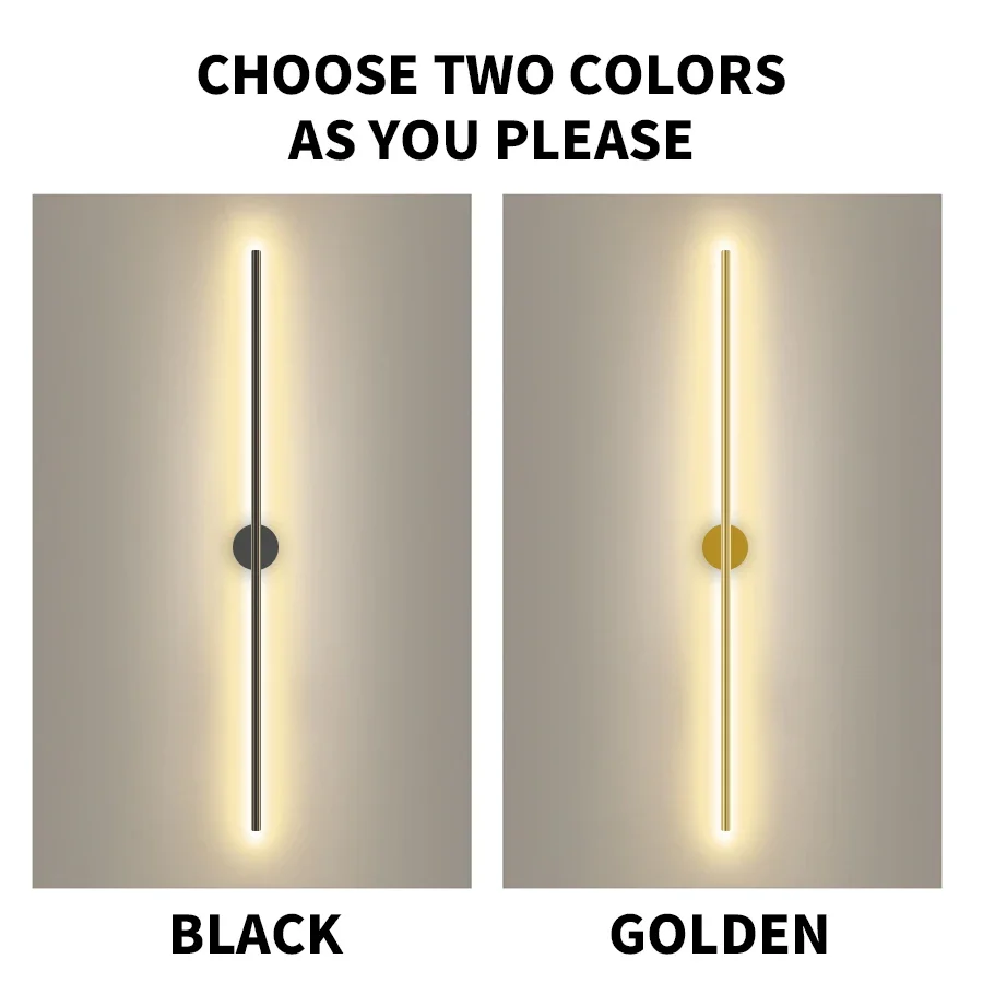 

LED Black/gold Minimalist Long Strip Wall Lamp Background Wall/room/living Room/guest Room Decoration Warm Light 3000K 110V-220V