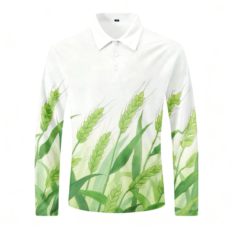 Men's Long Sleeve Polo Shirt Casual Leaf Print Button Placket 2026 Autumn Golf Shirts Business Sports Top for Men Daily Wear