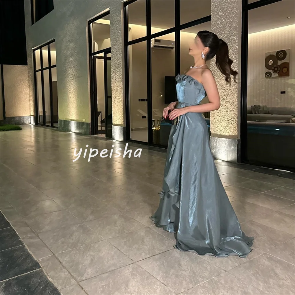 Customized Elegant Modern Style Satin Pleat Ruched A-line Strapless Long Dresses Cocktail Dresses Matching Fashion Casual Classi