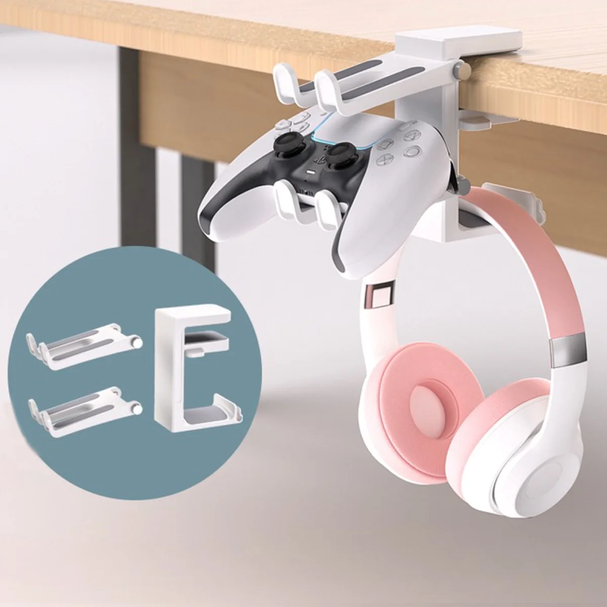 2-in-1 Headphone Controller Holder 360° Rotating Headphone Stand for Desk 2 Gamepad Hangers Adjustable Clamp-on Punch-free Hook