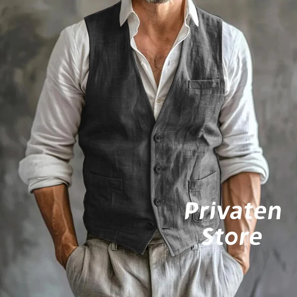 Men's Linen Vest High-Quality Gray Cool Breathable With Pockets Summer Male Gilet Formal Mens Waistcoat Sleeveless Man Work