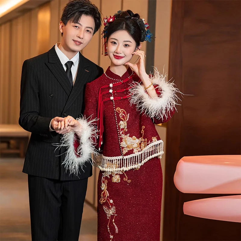 

New Chinese Style Set 2025 New Engagement Dress Set New Chinese Cheongsam Toast Dress