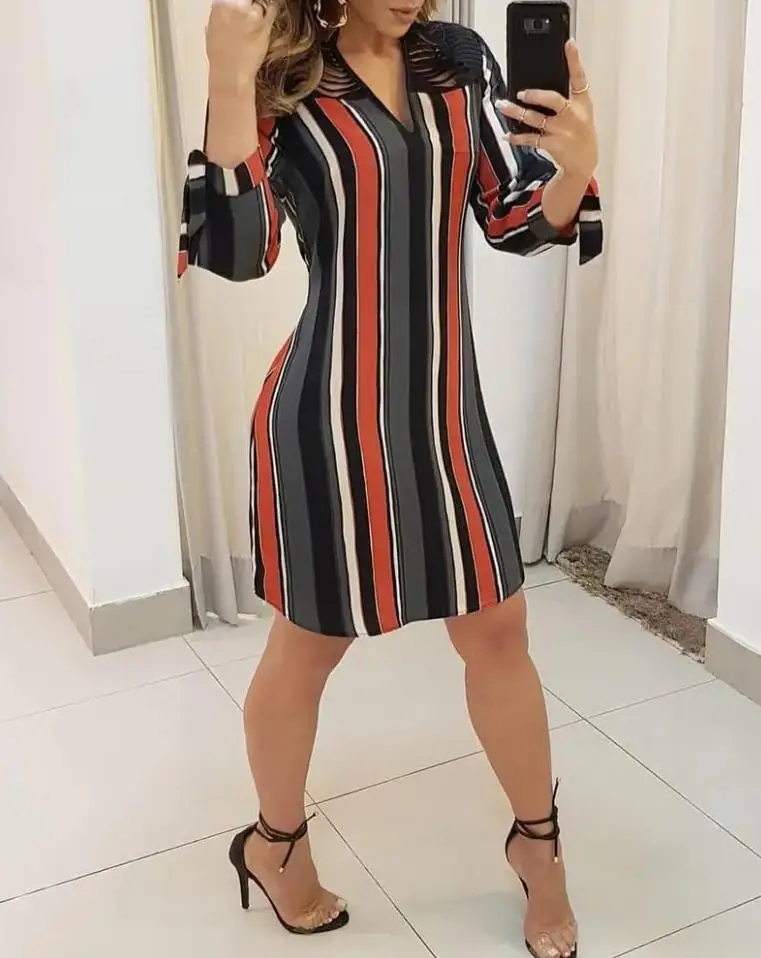 Vestido estampado listrado manga comprida feminino, gola em forma de V, detalhe amarrado recortado, vestido de trabalho diário, elegante, sexy, primavera, verão, 2024