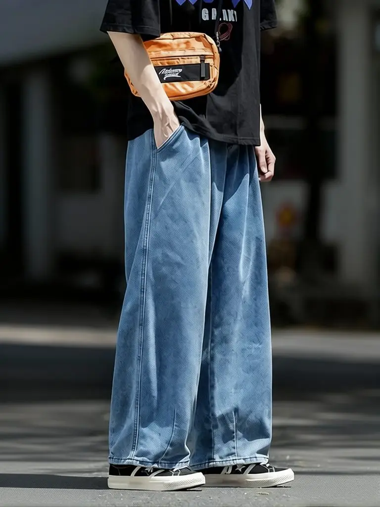 Japanese Wide Leg Baggy Jeans Men Black Blue Loose Lantern Straight Denim Curved Pants Fall Spring Trousers Oversize
