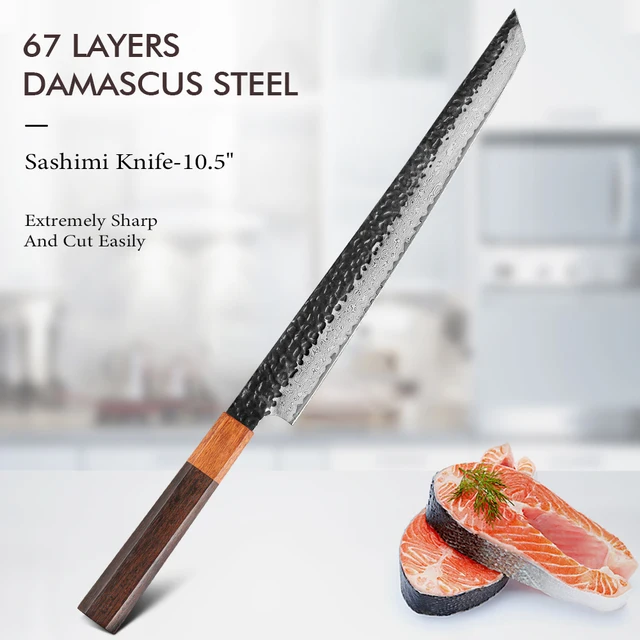 TURWHO Nóż do sushi z filetem rybnym Ręcznie kuty japoński nóż kuchenny ze stali damasceńskiej Sashimi Nóż do krojenia Nóż do sushi z łososiem