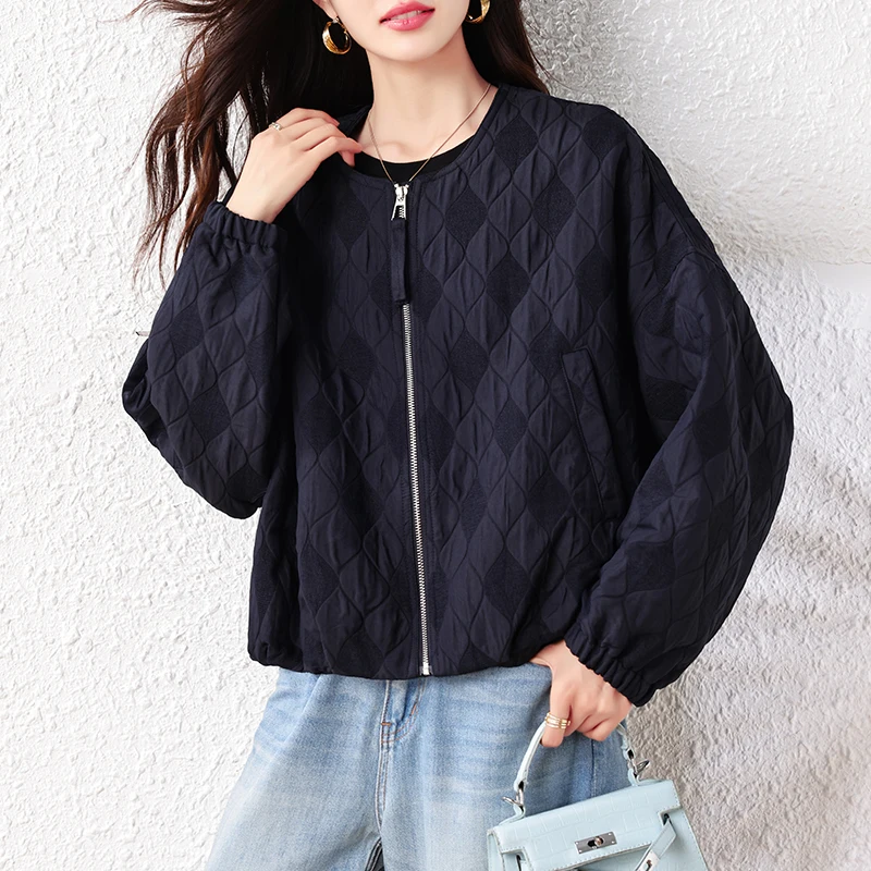 معطف نسائي من القطن المرقعة من e Young Sle بسحاب فضفاض من القطن للخريف والشتاء #4