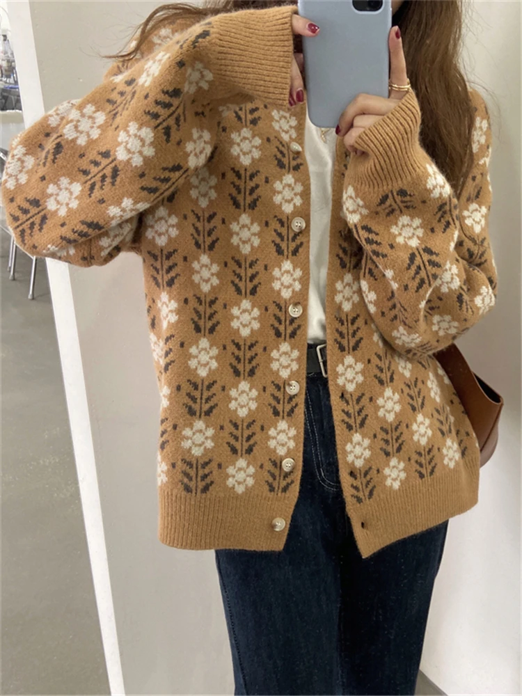 Colorfaith SWC9183JX New 2023 Vintage Wild Floral Korean Fashion Knitting Cardigans Women Autumn Winter Elegant Sweaters Tops