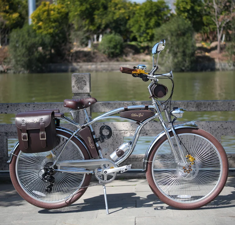 Vintage Lowrider Cruiser Bike 26 Inch, Springer Fork Chrome Frame, 7 Speed Classic Bicycle for Leisure Riding Use