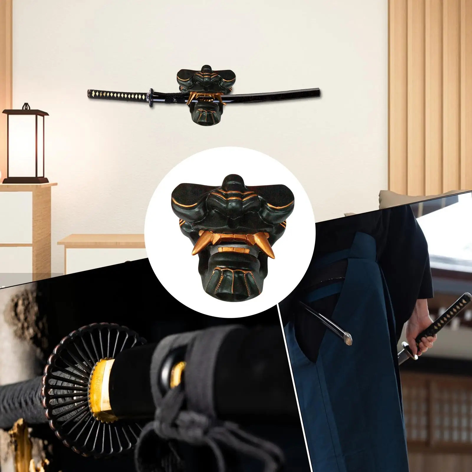 Oni Katana Mask Wall Holder Rack Japanese Black Samurais Sword Display Stand Wall Display Rack For Shop Living Room Decoration