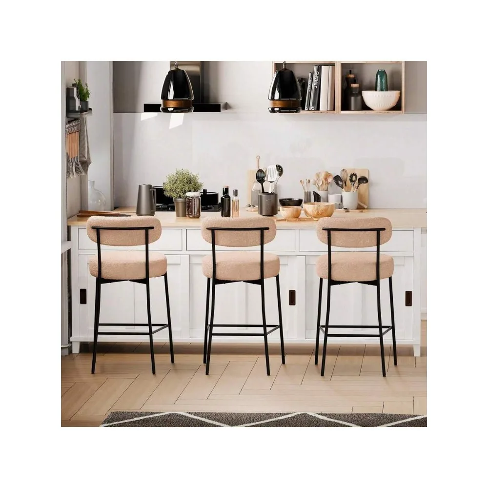 Beige Bar Stools Set of 2, 27.56 Inch Counter Height Barstools with Back, Modern Upholstered Boucle Seat Cushion, Sturdy Metal Legs for Kitchen Island, Dining Room, Living Room, Home Bar view 3