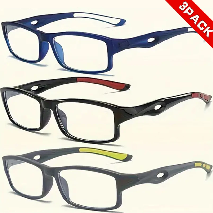 3PCS Sport Style Non-Prescription Reading Glasses Anti-Blue Light Rectangular Full Rim Eyewear, PC Frame Material