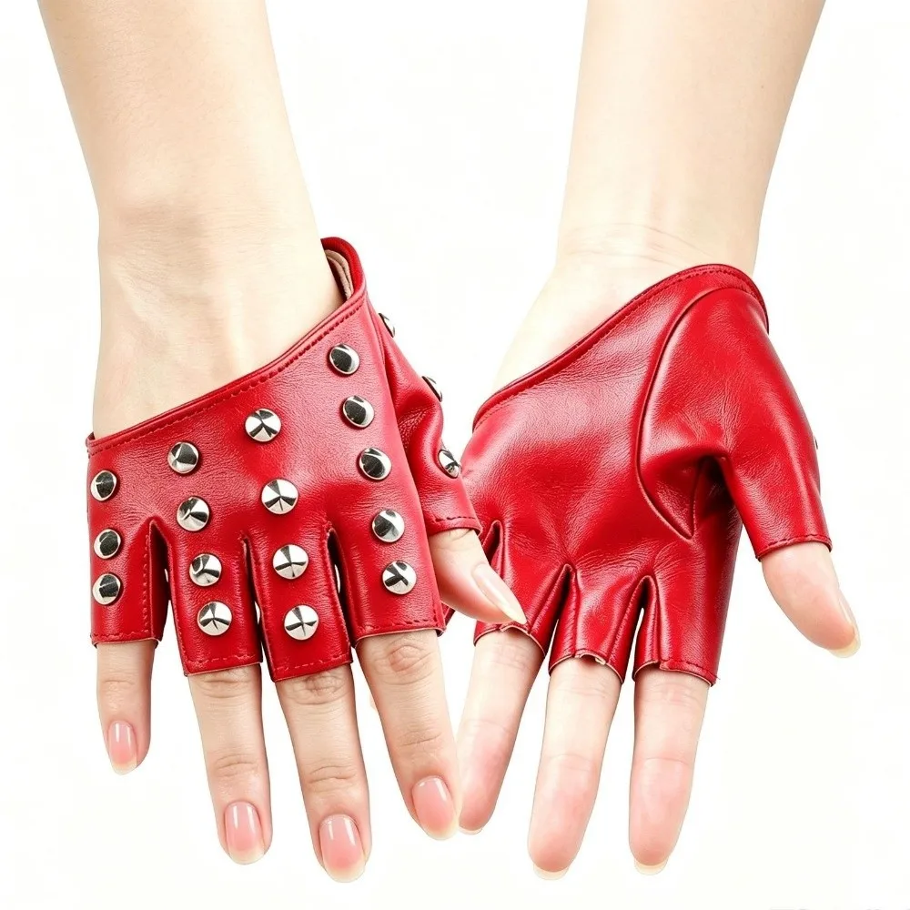 Studded Design Punk Studded Gloves Rivet Detail PU Leather Material Half Finger Gloves Fingerless Style Unisex Fit