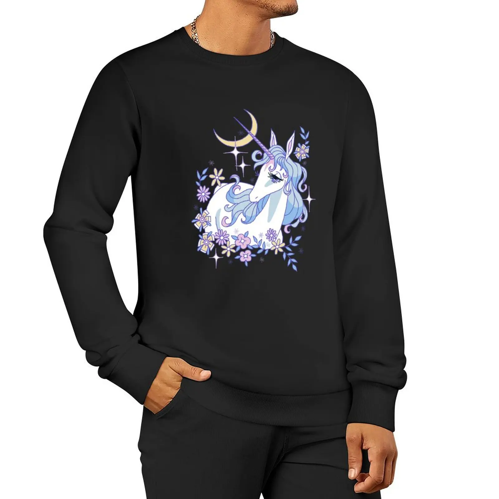 

The Last Unicorn Floral Moon Drawing Pullover Hoodie male clothes korean clothes sweatshirts men