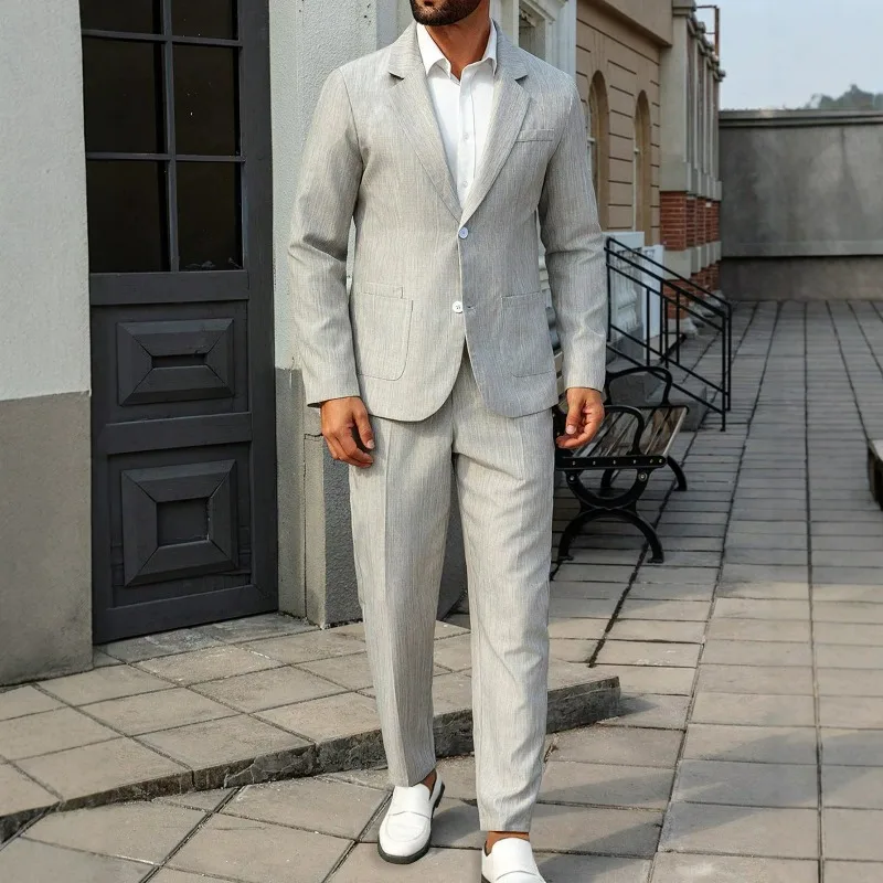 Men 2-piece Set Single-breaste Pocket Blazer Male Straight-leg Pant Man Thin Breathable Business Casual Suit Outfit