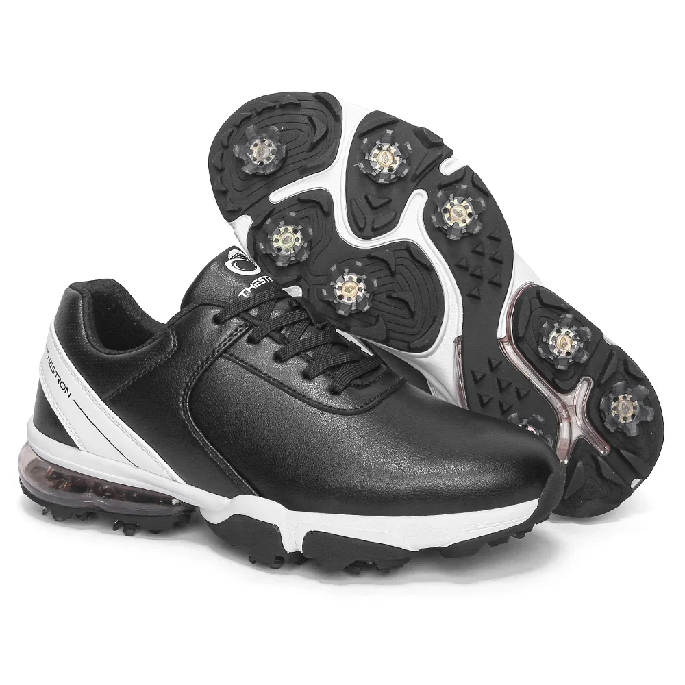 Sapatos esportivos de golfe profissional para homens, tênis de golfe atlético, picos de couro, tênis de treinamento de golfe preto e branco, tamanho grande 39-48