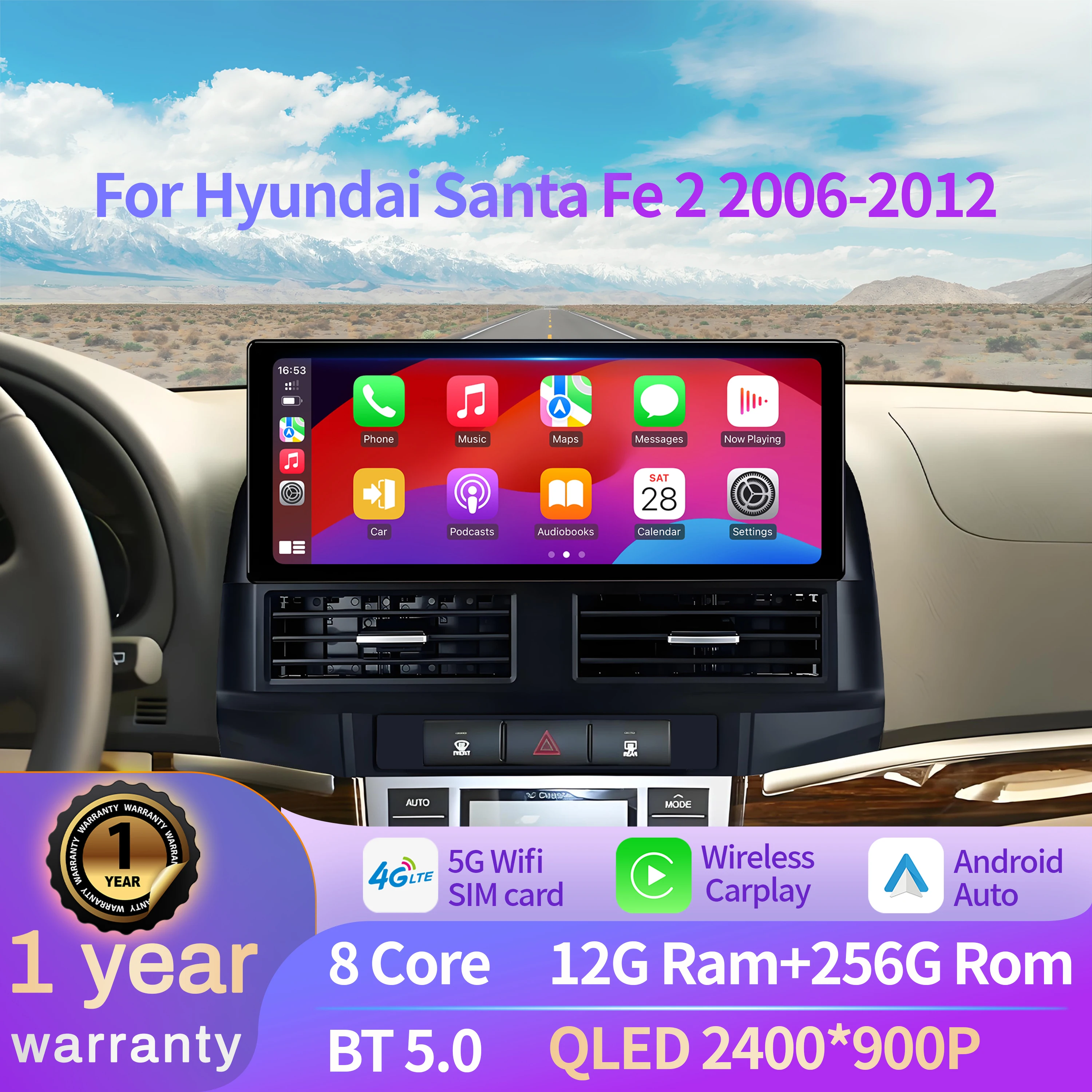 12.3 inch For Hyundai Santa Fe 2 2006-2012 4G GPS 5G WIFI  Car Radio Android 14 Wireless BT Carplay Multimedia Head Unit Screen