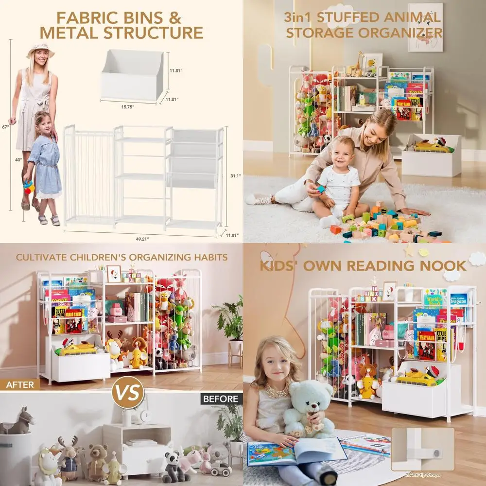 

Многофункциональный детский органайзер 3-в-1: полка для игрушек, книжный шкаф и держатель для мягких игрушек — белая мебель для игровой комнаты, спальни и т.д.