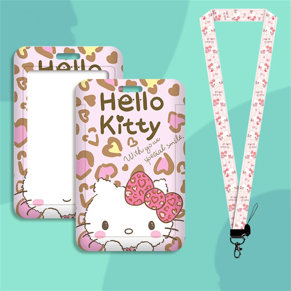 Cute Sanrio Hello Kitty Cartoon Cosplay Kt Cat Key Chain Pendant Work Bus Card Holder Plastic with Lanyard Student Gift Toys