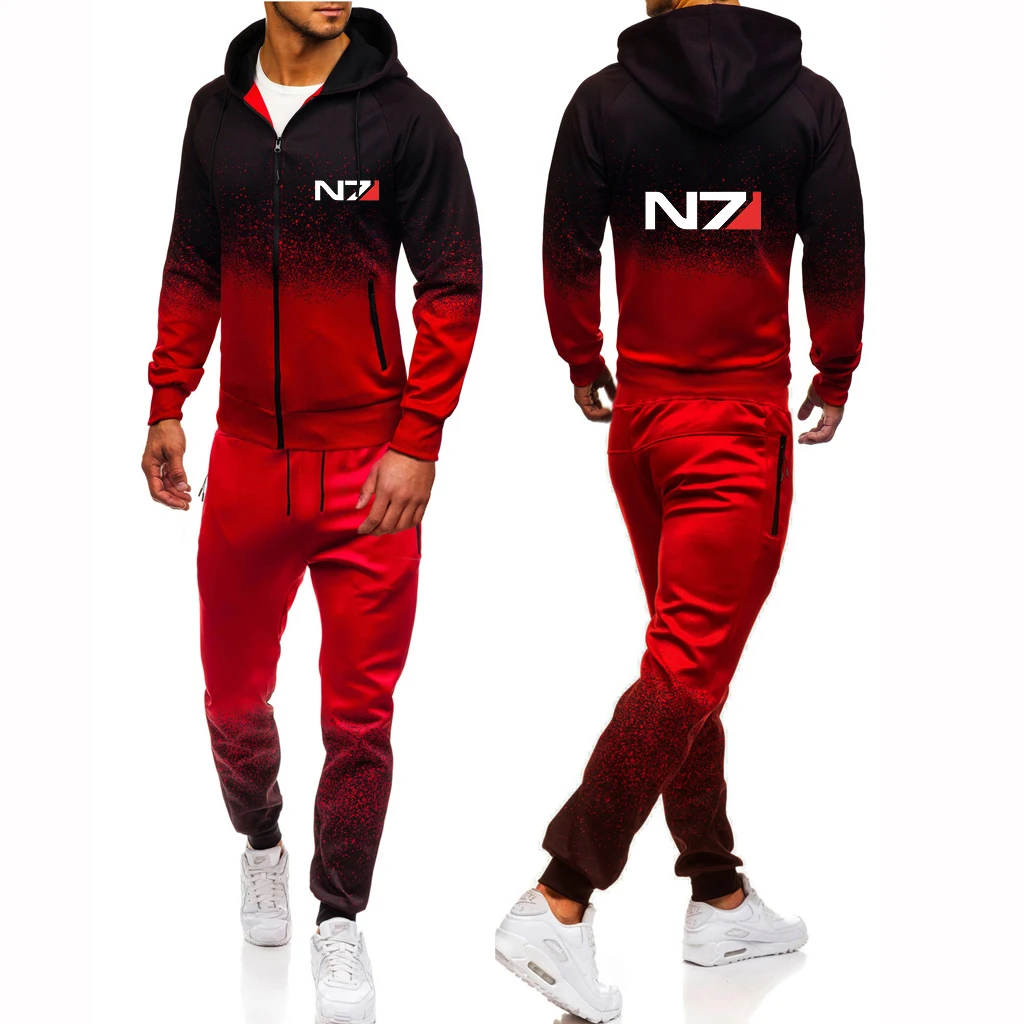 N7 Mass Effect Logo męskie nowe dresy gradientowa bluza z kapturem + swobodne spodnie dresowe z nadrukiem Harajuku odzież sportowa garnitury