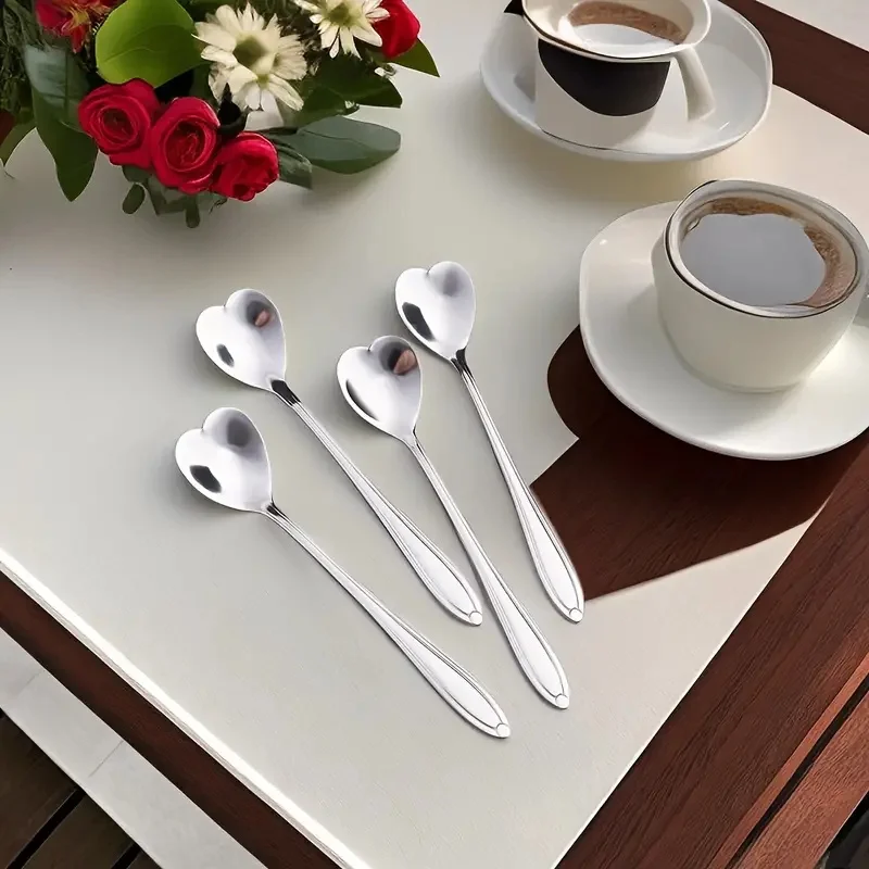 Polished Stainless Steel Heart-Shaped Coffee Spoons Set of 4 - Durable Mixing Flatware for Home, Kitchen, Restaurant