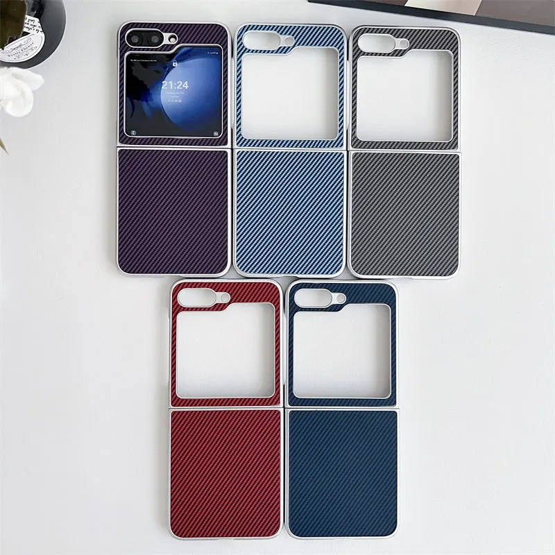 

Luxury Carbon Fiber Leather Texture Case For Samsung Galaxy Z Flip 6 5 4 3 Flip6 Flip5 Lmitation Kevlar Pattern Protective Cover