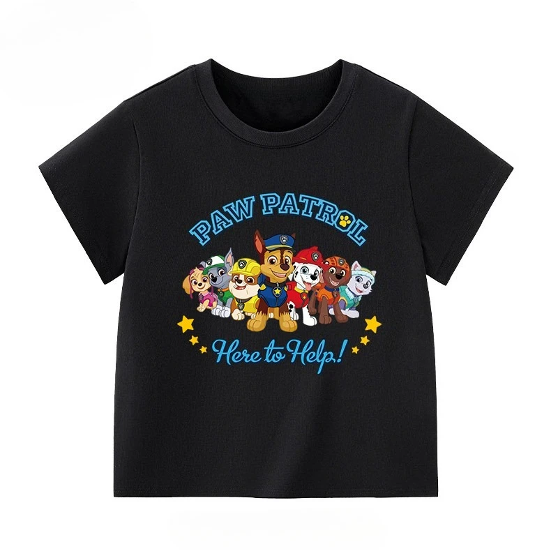 Cartoon PAW Patrol Toddler Cotton T‑Shirt Here To Help Dog Team Star Graphic Short Sleeve Tee Boys Girls Kids Casual Black Tops