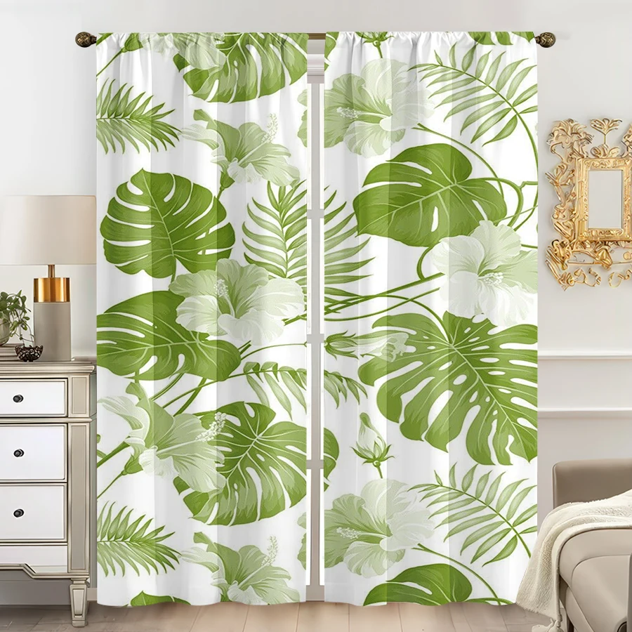 2PCS Green Tropical Leaves & Hibiscus Floral Curtains, Light Green/White, Rod Pocket Drapes, for Bedroom Living Room
