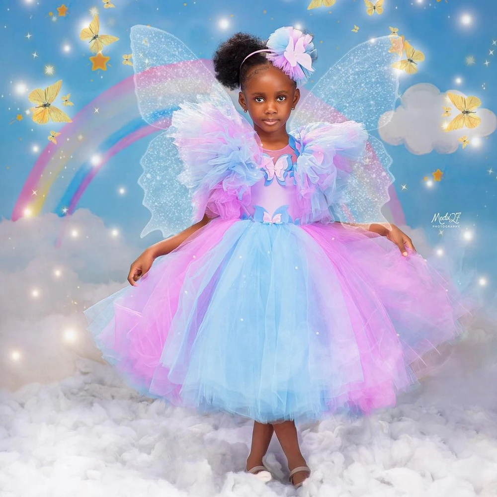 

Lovely Colorful Tulle Kids Party Dresses Cute Butterfly Ruffles Mesh Puffy Girl Flower Dress For Photo Shoot Communion Gowns