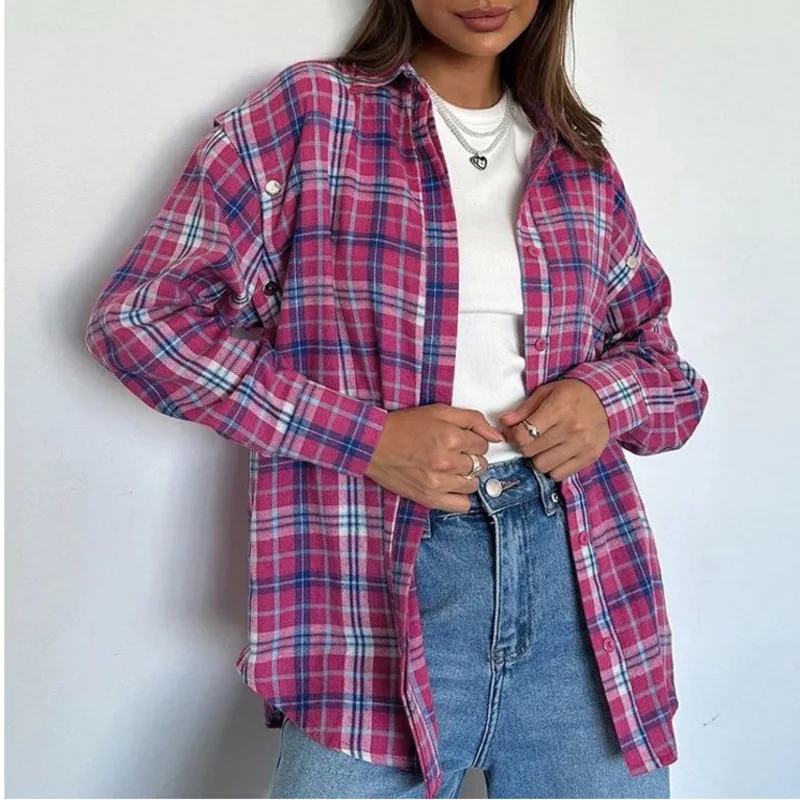 HKSH Autumn Women New Pink Plaid Detachable Trend Long Sleeve Shirt Fashionable Versatile Turn-down Collar Outerwear Tops HK8657