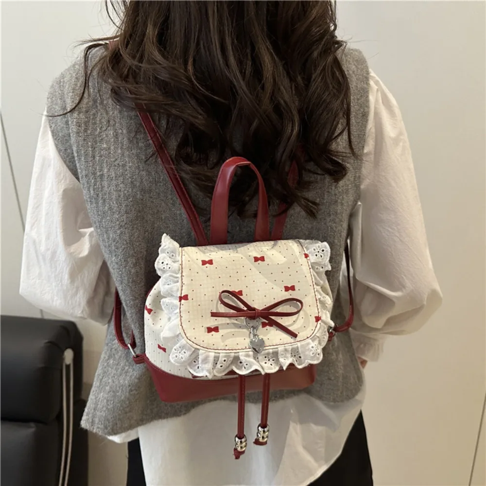 

Fashion Lace Trim Butterfly Knot Backpack Sweet Bow Lightweight Small Book Bag Polka Dot Mini Backpack Women