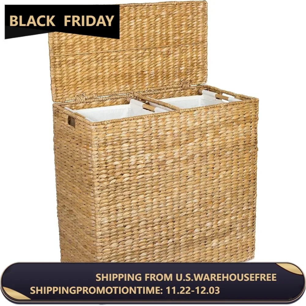 Oversized Dual Hampers with Lid - Handwoven Natural Seagrass Fiber Compartment Laundry Hamper w/Dual Removable Liners Bag