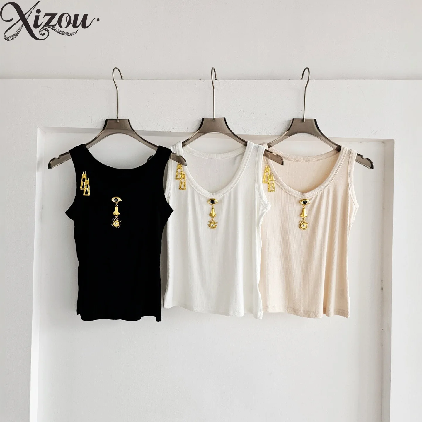 2026 Summer Normcore Heavy Metal Eye Sleeveless Camisole Slim Fit Women's Vest Tanks Camis Tanks Camis American High Elasticity