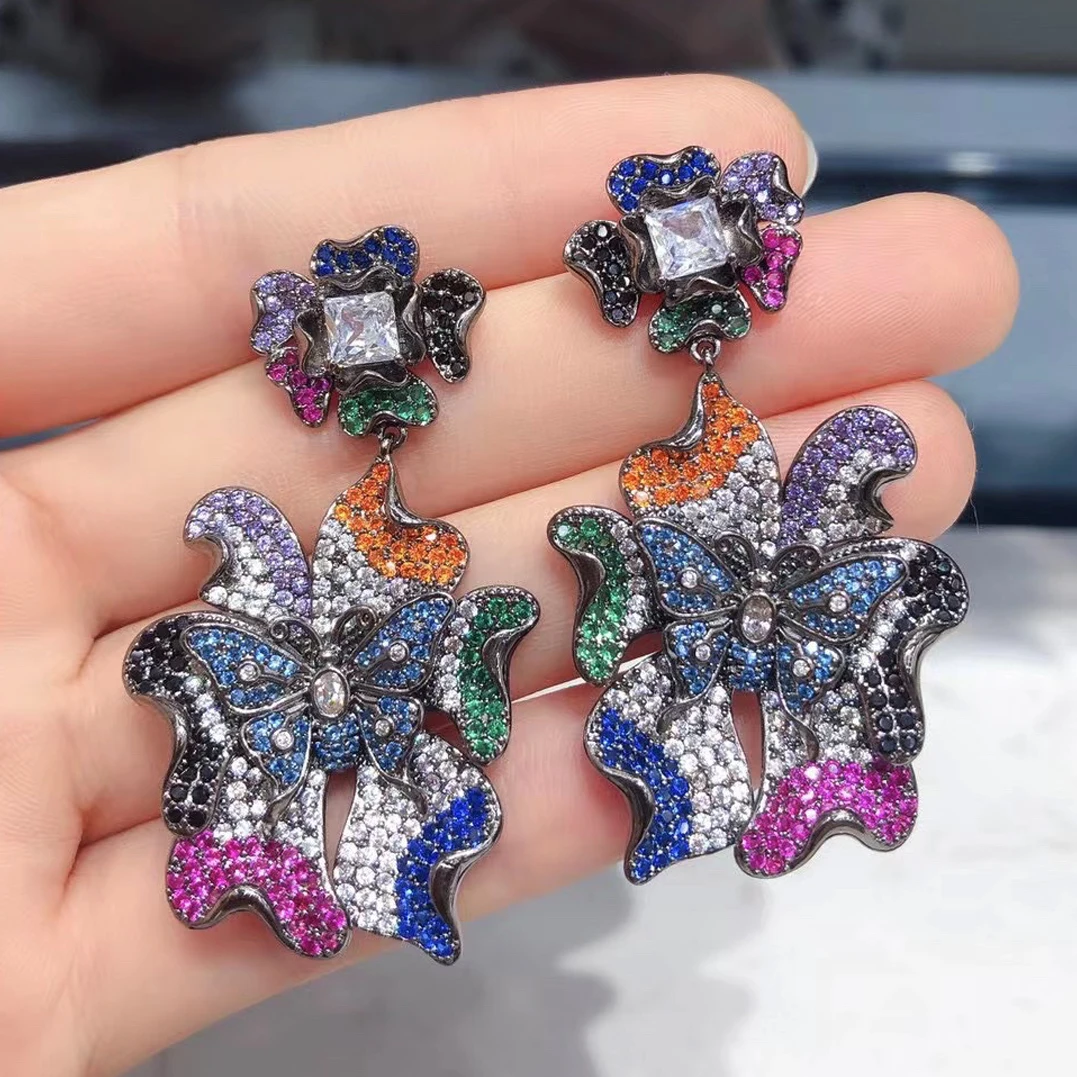 

Wedding Bride Earrings Dinner Party Luxury Jewelry Shiny Zircon Pink Blue Black Flower Butterfly Earrings Petals Jewelry Gift