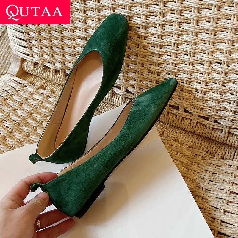 

QUTAA 2022 Kid Suede Square Flat Heel Shallow Female Shoes Spring Summer Square Toe Basic Concise Women Pumps Size 34-39